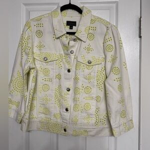G by Giuliana Cream and Yellow Eyelet Patterned Jean Jacket L